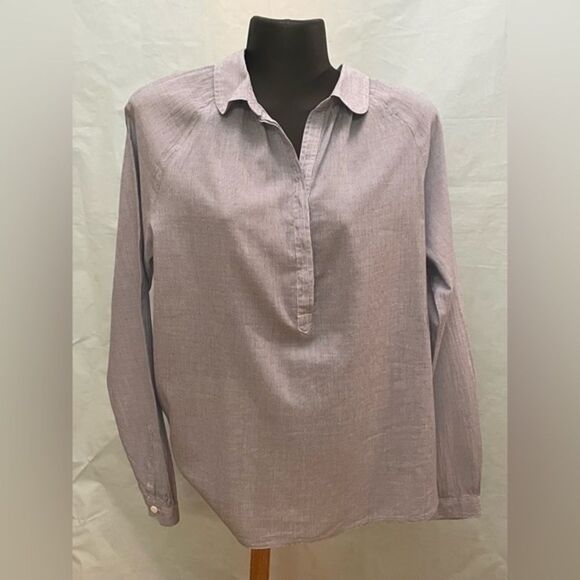 Medium Loft blue white striped 1/4 button down collared long sleeve blouse top - Picture 1 of 7